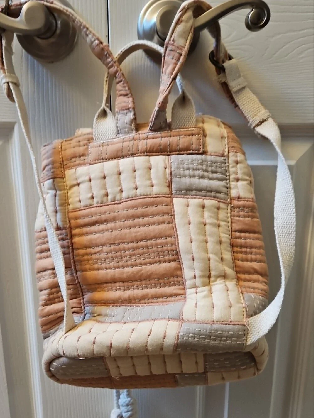 Quilted Patchwork Mini Backpack - Cream & Tan